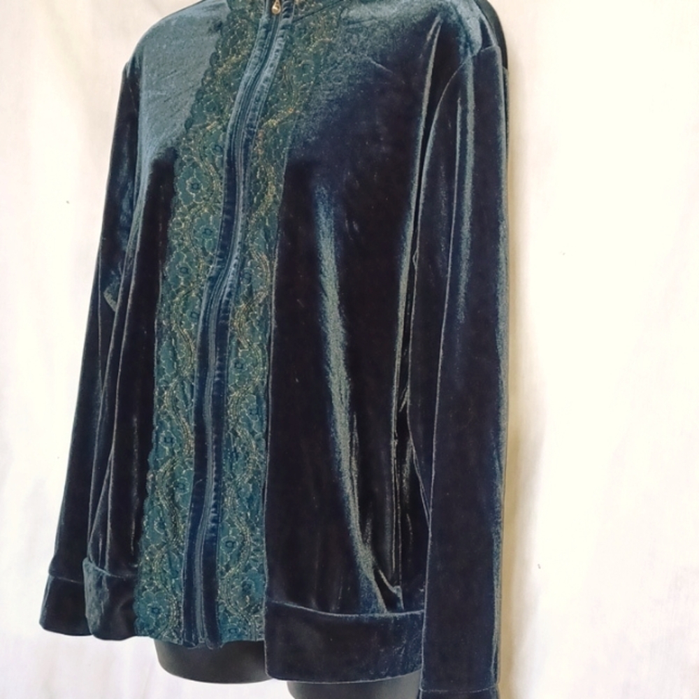 Jaclyn Smith Women's L Velour Jacket Zip Up Dark Green Lace Glitter Decorative
